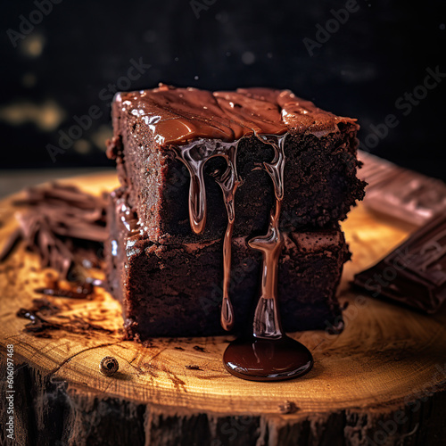 Delicioso pastel de chocolate. IA generada. Brownies de chocolate sobre fondo de madera, panadería casera y postre. Chocolate jugoso derretido. photo