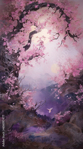 Phone wallpaper revealing a cherry Blossom forest. Generative AI Image
