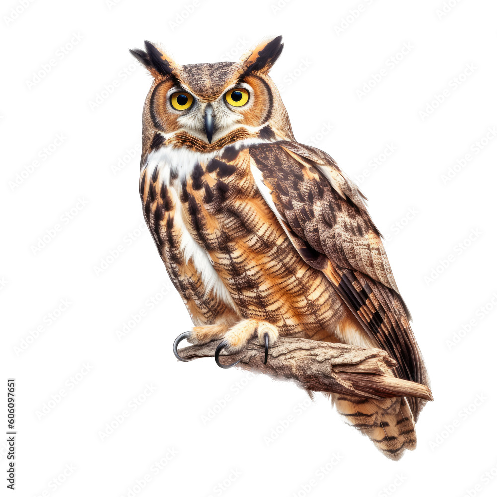 Naklejka premium a Great-Horned Owl sitting, full body portrait, a nocturnal bird of prey, piercing eyes, Nature-themed, photorealistic illustrations in a PNG, cutout, and isolated. Generative AI