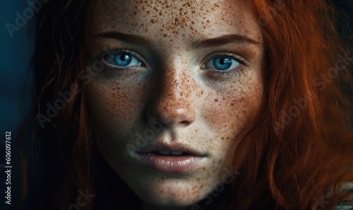 Beautiful red haired irish girl with blu eyes, red hair and lots of freckles, generative AI