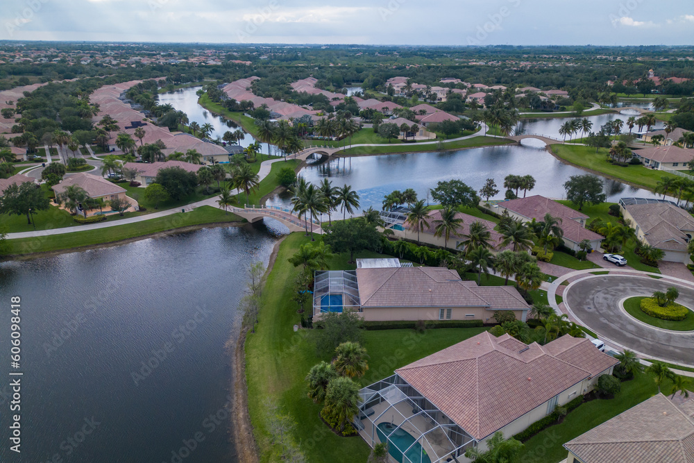 A neighborhood with river and palms in Florida. 