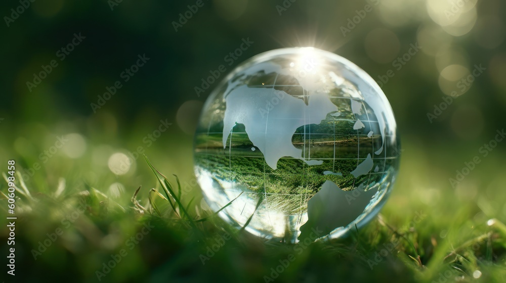Sustainable and environment concept of clear transparent world on the ground, earth day concept. Generative AI Sustainable and environment concept of clear transparent world on the ground, earth day concept. Generative AI