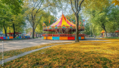 Carousel spinning in vibrant autumn nature fun generated by AI