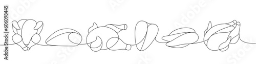 Chicken meat one line continuous drawing. Raw chicken meat parts continuous one line illustration. Vector minimalist linear illustration.
