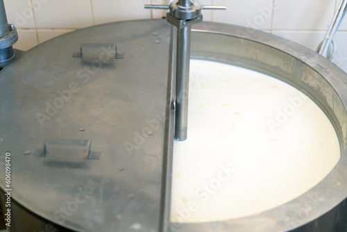 stirring milk in a cheese dairy with a special mixer in a large vat Pasteurization Cheese production in a cheese dairy