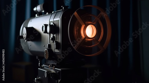 Modern film industry machinery illuminates dark stage generated by AI