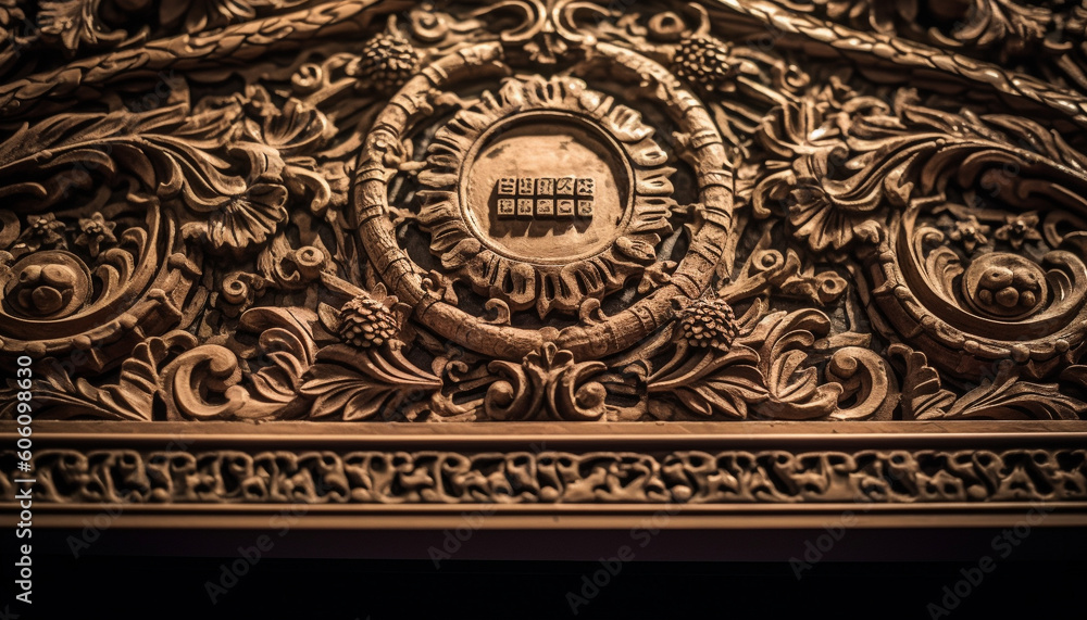 Ornate wood door with floral pattern decoration generated by AI