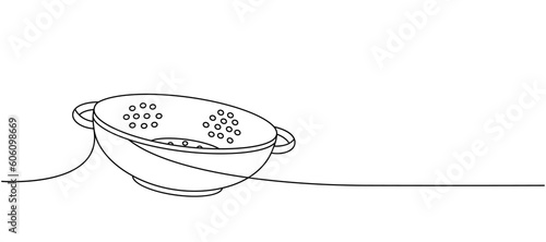 Sieve, colander one line continuous drawing. Kitchen tools continuous one line illustration. Vector minimalist linear illustration.