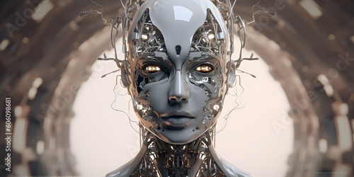 Female robot face, Artificial intelligence concept. Generative AI © Jing
