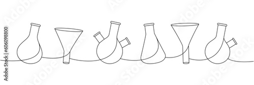 Lab glassware one line continuous drawing. Round bottom flask, filter funnel, glass flask continuous one line illustration. Vector linear illustration