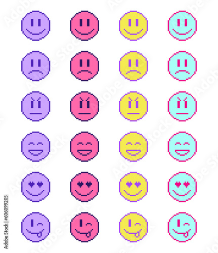 pixel emoji set, colorful emoticon, retro style, 1990s 2000s, nostalgia, vector illustration