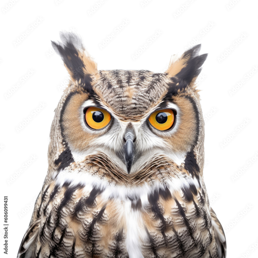 Obraz premium a Great-Horned Owl, portrait, front view, a nocturnal bird of prey, yellow-orange eyes, Nature-themed, photorealistic illustrations in a PNG, cutout, and isolated. Generative AI
