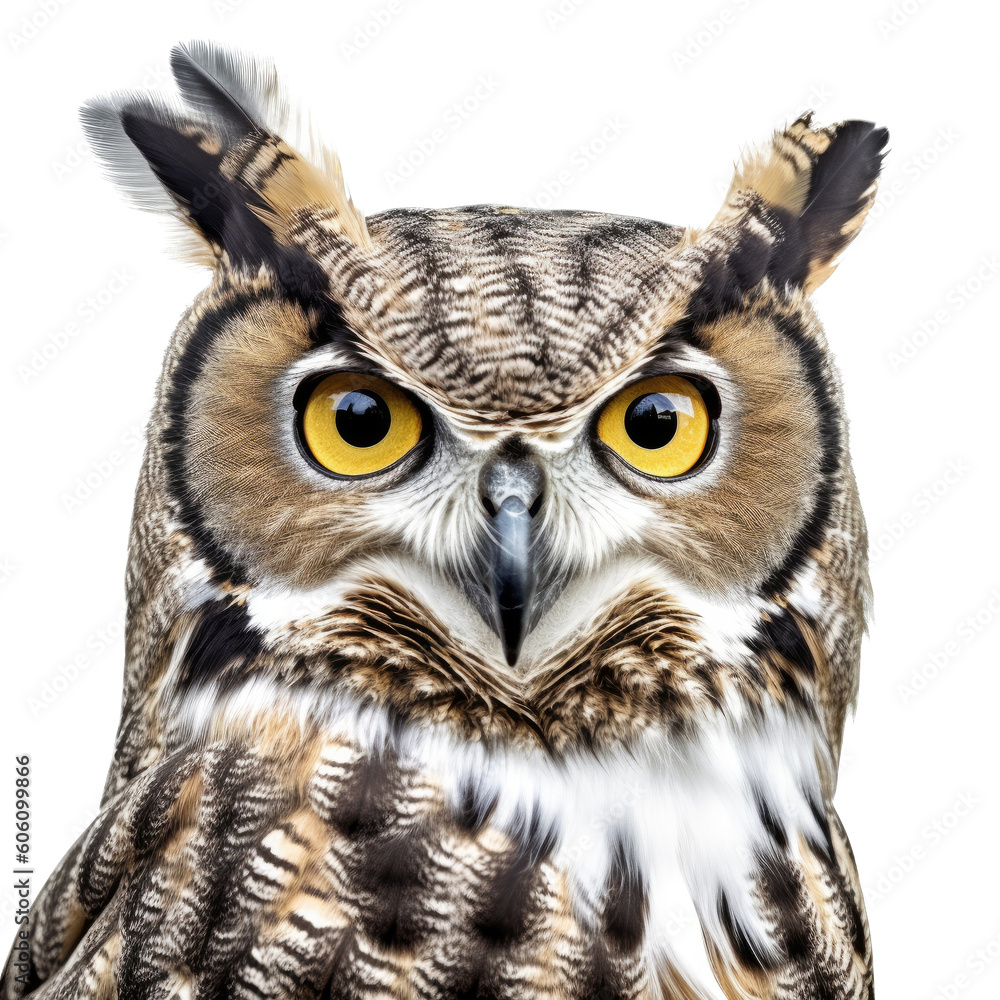 Fototapeta premium a Great-Horned Owl, portrait, front view, a nocturnal bird of prey, yellow-orange eyes, Nature-themed, photorealistic illustrations in a PNG, cutout, and isolated. Generative AI