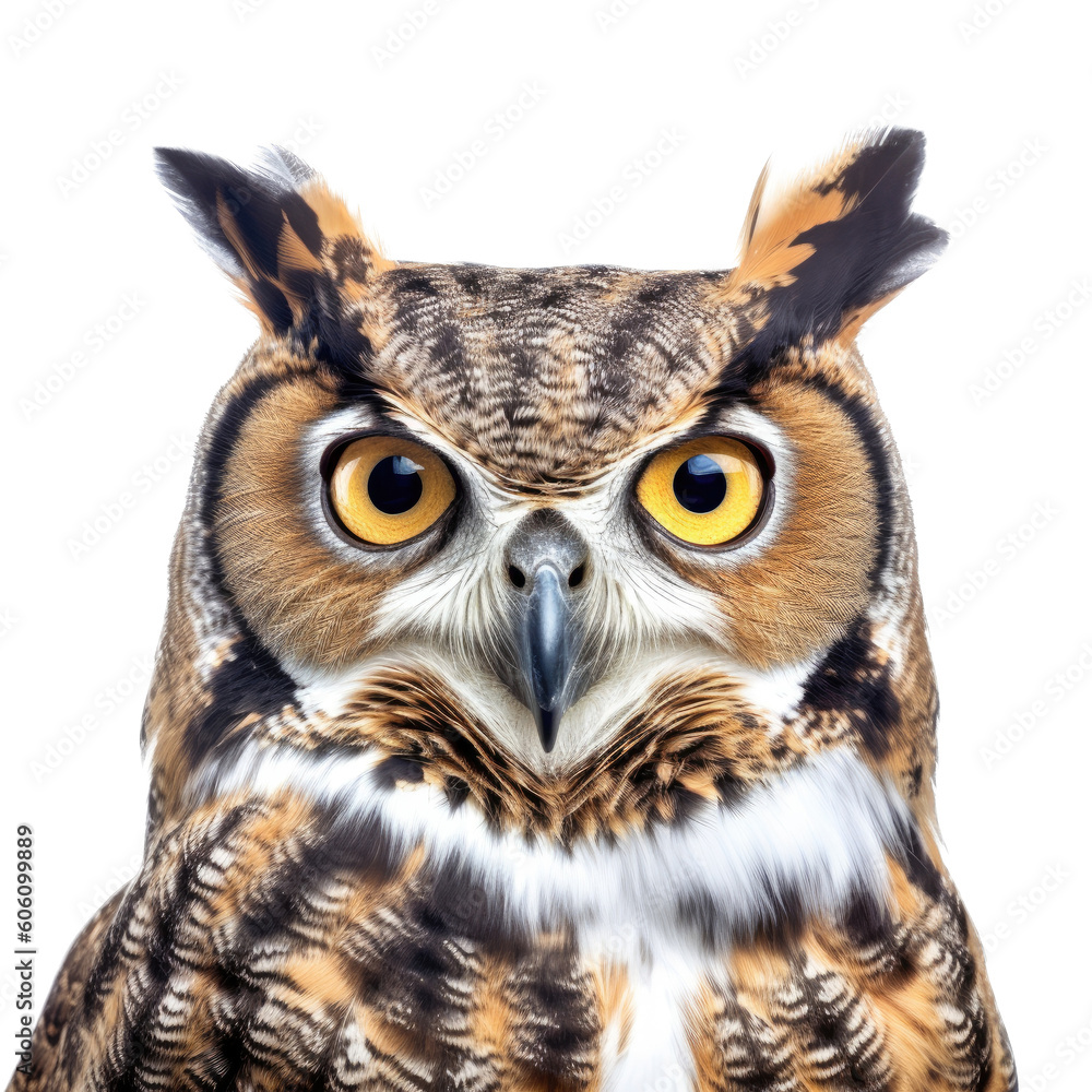 Obraz premium a Great-Horned Owl, portrait, front view, a nocturnal bird of prey, yellow-orange eyes, Nature-themed, photorealistic illustrations in a PNG, cutout, and isolated. Generative AI