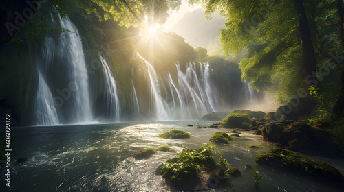 Beautiful waterfalls surrounded by lush greenery - golden hour - Generative AI
