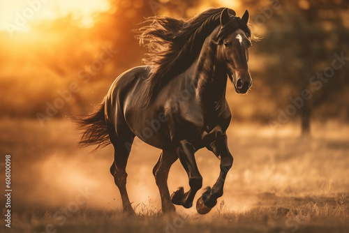 Stunning Black Stallion Running Free at Sunset, generative AI