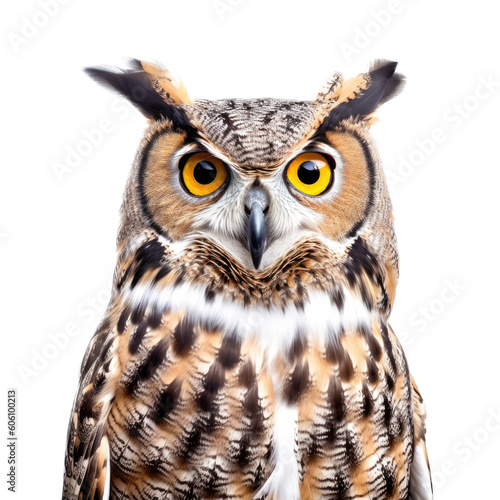 a Great-Horned Owl, portrait, front view, a nocturnal bird of prey, yellow-orange eyes, Nature-themed, photorealistic illustrations in a PNG, cutout, and isolated. Generative AI