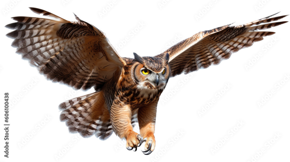 a Great-Horned Owl, in flight, 3/4 view, a nocturnal bird of prey, piercing eyes, Nature-themed, photorealistic illustrations in a PNG, cutout, and isolated. Generative AI a Great-Horned Owl, in flight, 3/4 view, a nocturnal bird of prey, piercing eyes, Nature-themed, photorealistic illustrations in a PNG, cutout, and isolated. Generative AI