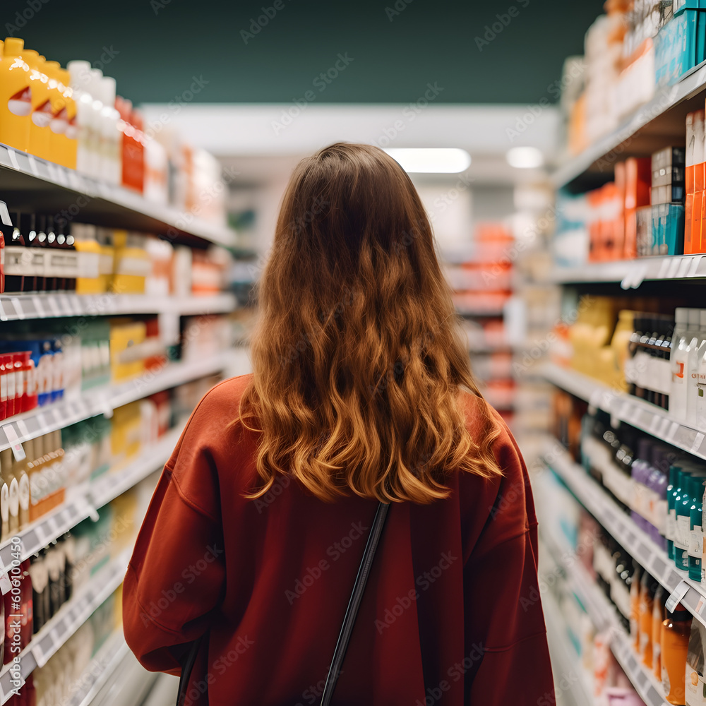 Close-up view of a woman, seen from behind, looking at a supermarket shelf filled with various products and brands. Generative AI.