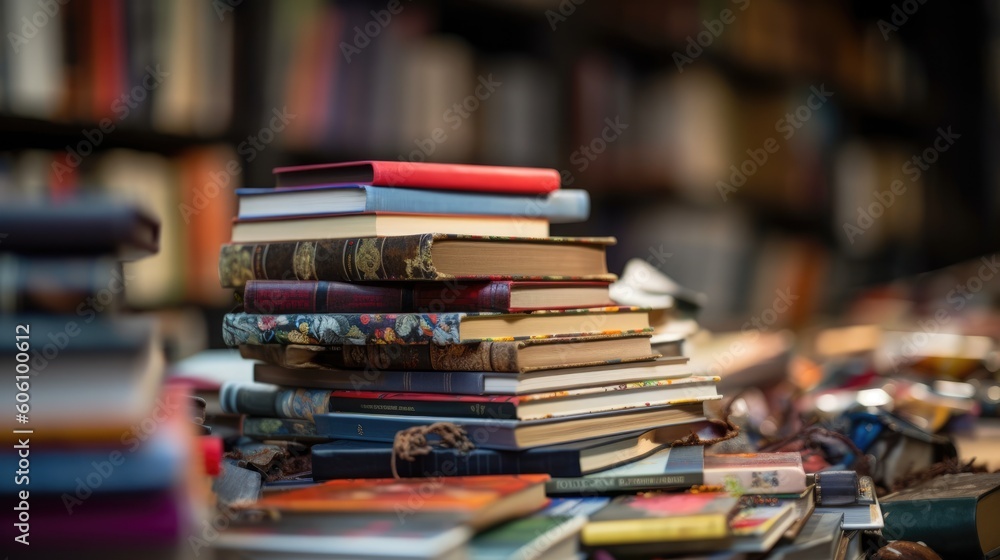Hardcover books. Library background. AI generative image. Hardcover books. Library background. AI generative image.
