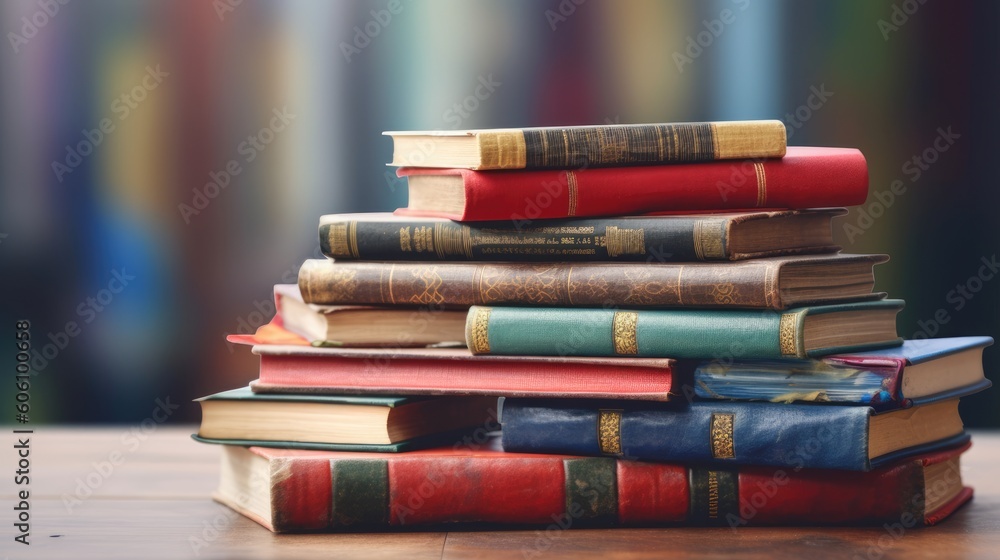Naklejka premium Hardcover books. Library background. AI generative image.