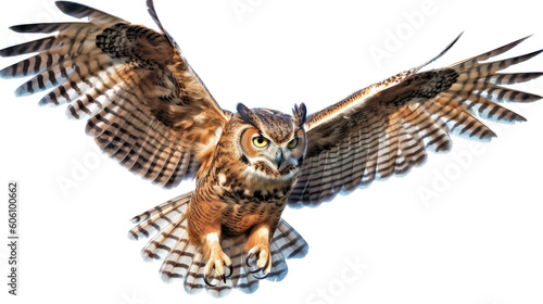 a Great-Horned Owl, in flight, 3/4 view, a nocturnal bird of prey, piercing eyes, Nature-themed, photorealistic illustrations in a PNG, cutout, and isolated. Generative AI