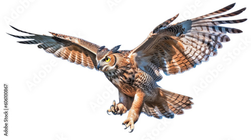 a Great-Horned Owl, in flight, 3/4 view, a nocturnal bird of prey, piercing eyes, Nature-themed, photorealistic illustrations in a PNG, cutout, and isolated. Generative AI © Purple Penguin GFX