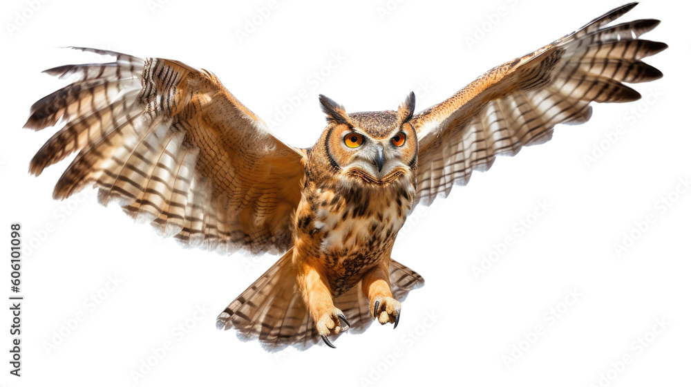 a Great-Horned Owl, in flight, 3/4 view, a nocturnal bird of prey, piercing eyes, Nature-themed, photorealistic illustrations in a PNG, cutout, and isolated. Generative AI a Great-Horned Owl, in flight, 3/4 view, a nocturnal bird of prey, piercing eyes, Nature-themed, photorealistic illustrations in a PNG, cutout, and isolated. Generative AI