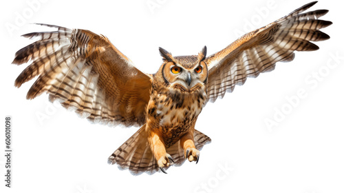 a Great-Horned Owl, in flight, 3/4 view, a nocturnal bird of prey, piercing eyes, Nature-themed, photorealistic illustrations in a PNG, cutout, and isolated. Generative AI