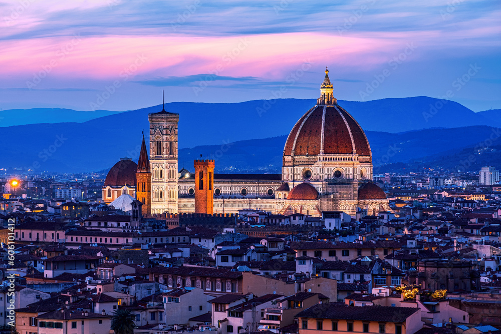 The view of the Cattedrale di Santa Maria del Fiore from Piazza Michelangelo in Florence at sunset.