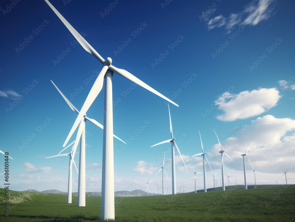 Wind turbines generating electricity with blue sky, energy conservation concept. Generative AI Wind turbines generating electricity with blue sky, energy conservation concept. Generative AI
