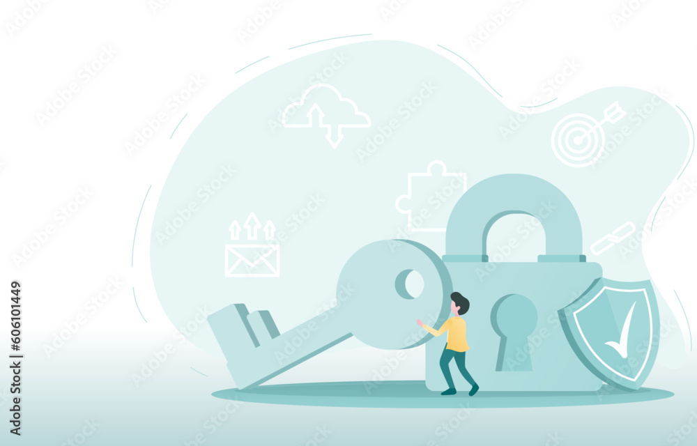 Protection concept. Man holding a large key, padlock and shield as a symbol of protecting personal details, sensitive information and protection against threats. Flat vector illustration. Protection concept. Man holding a large key, padlock and shield as a symbol of protecting personal details, sensitive information and protection against threats. Flat vector illustration.