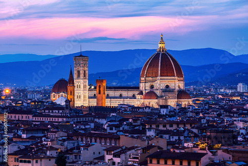 The view of the Cattedrale di Santa Maria del Fiore from Piazza Michelangelo in Florence at sunset.