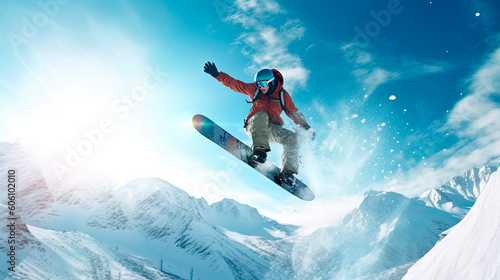 A man on a snowboard is in the air in the mountains. Generative AI