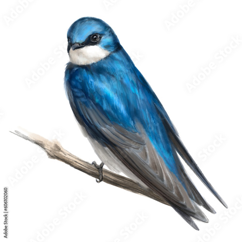 Swallow on a branch. Watercolour illustration of a swallow bird. Idea for educational books, postcards, stickers, tattoo.