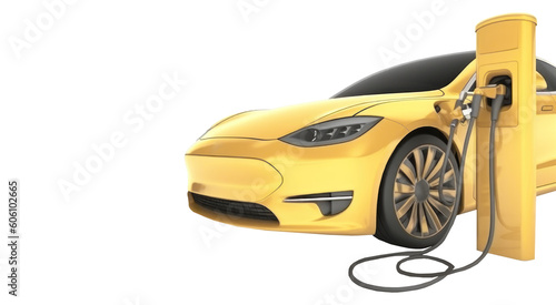 Charging electric city car in yellow clorour. Electromobility and ecology.