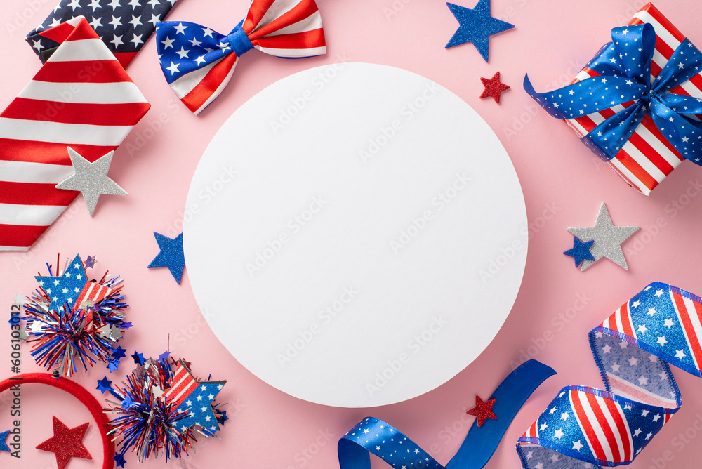 Obraz premium Ignite the festive spirit of Independence Day with enchanting top view arrangement: serpentine, stars, confetti, headband, bow-tie, necktie, giftbox on pastel pink, featuring circle for text or promo