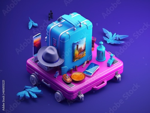 Colorful travel and summer concept with suitcase with colorful background. Generative AI