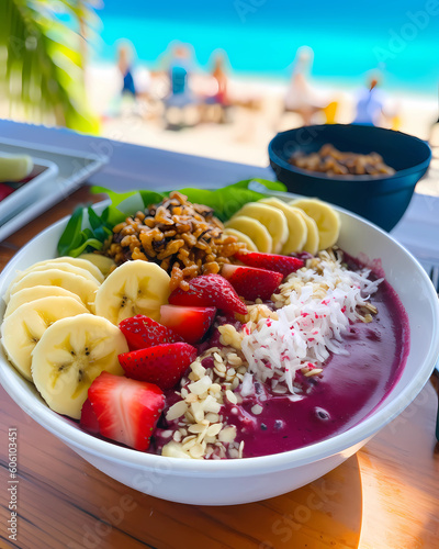 Healthy breakfast bowl granola fruits and berries. Vegetarian meal, concept of dieting, weight loss, healthy lifestyle and eating photo