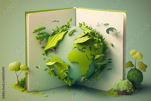 Open book with green world made in paper style, Green world in cute style, environment preservation concept, Generative AI
