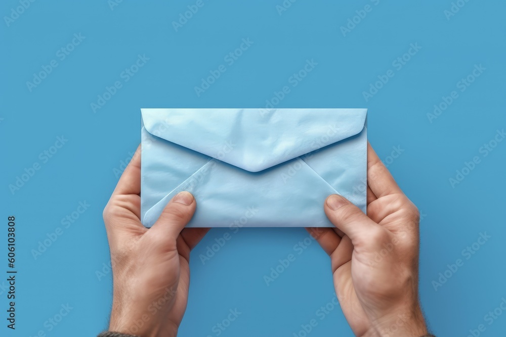 Hands holding paper envelope, blue background, Generative AI Hands holding paper envelope, blue background, Generative AI