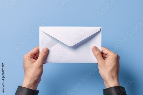 Hands holding paper envelope, blue background, Generative AI