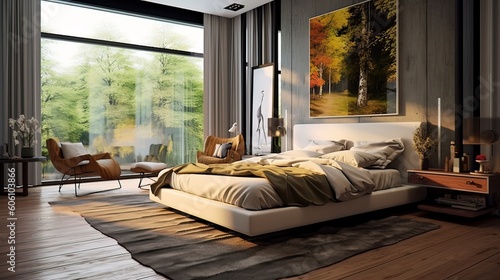 General view of luxury bedroom interior with bed and window