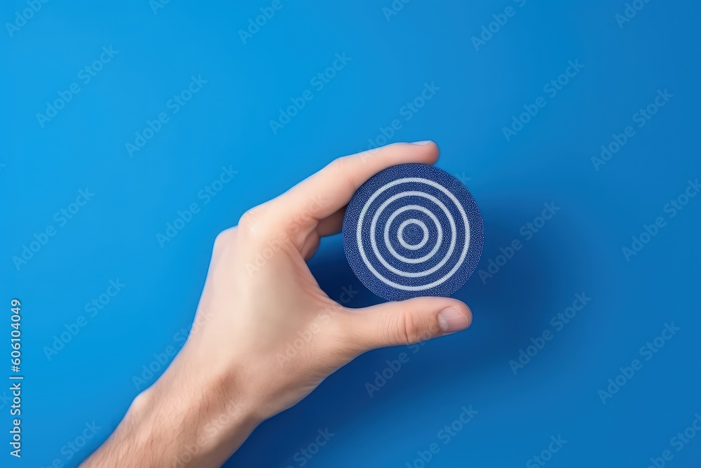 Hand holding round target, blue background, Generative AI
Hand holding round target, blue background, Generative AI