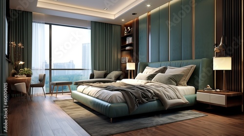General view of luxury bedroom interior with bed and window © Viktor