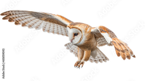 a Barn Owl, in flight, 3/4 and side views, a bird of prey, Silent hunter, aerial hunter Nature-themed, photorealistic illustrations in a PNG, cutout, and isolated. Generative AI