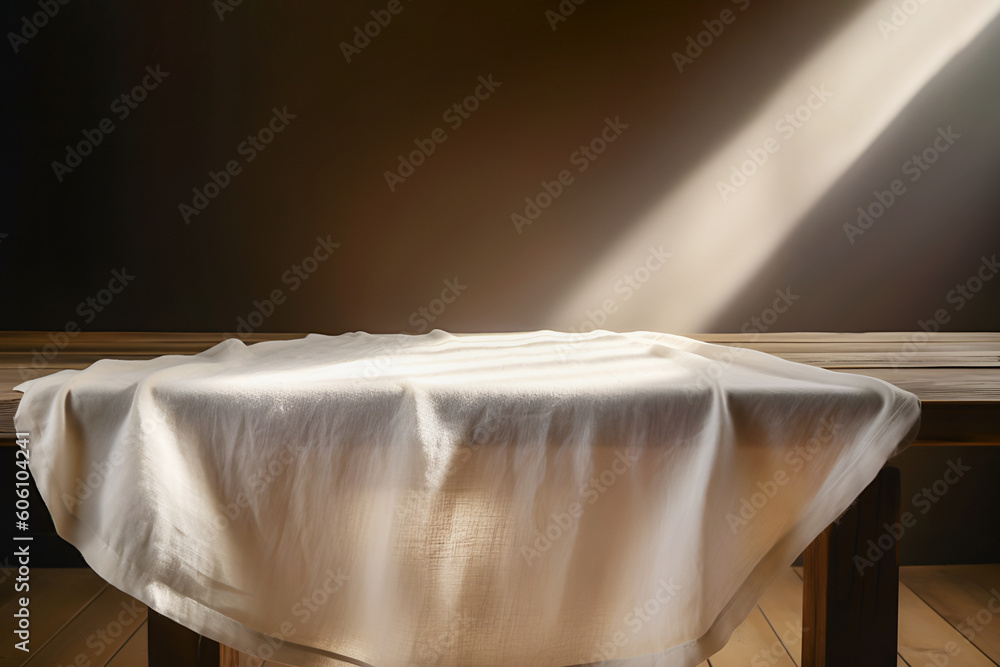Empty wooden kitchen table with linen table cloth on sustainable interior background. Mock up for display or montage of product. Concept scene stage for new product or presentation. Generative ai Empty wooden kitchen table with linen table cloth on sustainable interior background. Mock up for display or montage of product. Concept scene stage for new product or presentation. Generative ai