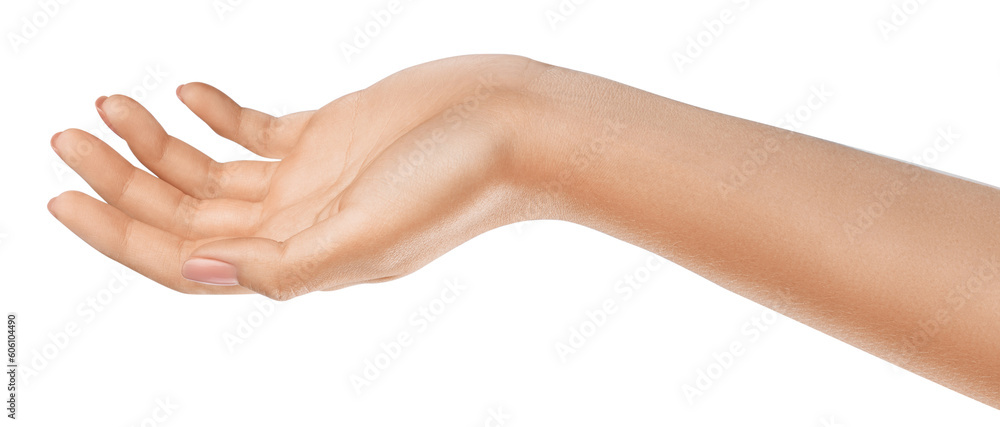 Side view of a beautiful woman's hand accentuating natural beauty. Hand holding something. Concept for branding or career development content, makeup or skincare ads