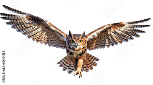  a Great-Horned Owl, in flight, front view, a nocturnal bird of prey, piercing eyes, Nature-themed, photorealistic illustrations in a PNG, cutout, and isolated. Generative AI
