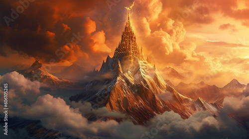 A tall mythical spire mountain with a base of clouds below during golden hours. Generative Ai. © Pickoloh